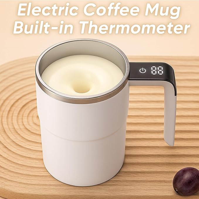 Electric Coffee Mug with a Built-in LCD Thermometer, Perfect for Protein Powder, Brewing Coffee, Milk, Cocoa, Etc, Self Stirring Coffee Mug (White)