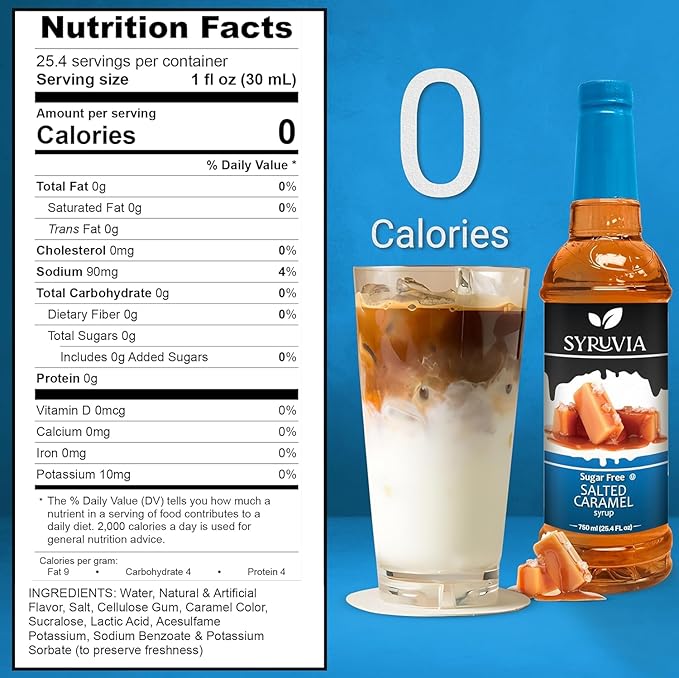 Syruvia Sugar Free Coffee Syrup, Salted Caramel Flavored Syrup for Drinks, Lattes, and Desserts – 25.4 fl oz,