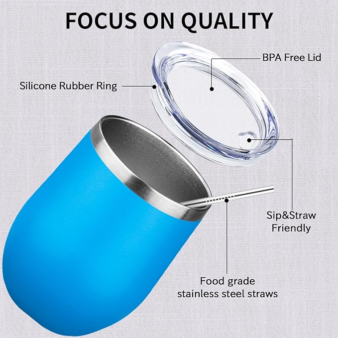 12oz/4 Pack Stainless Steel Wine Tumbler with Lids, Double WallVacuum Stainless Steel Travel Tumbler,Insulated Wine GlassesTravel Tumbler for Cold & Hot Drinks,Cup for Champaign Coffee（Blue + Purple）