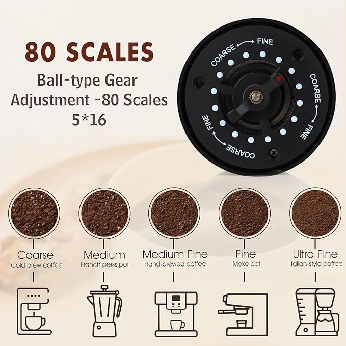 SANMAS Electric Burr Coffee Grinder with Stainless Steel Grinding Core, Rechargeable Coffee Beans Mil Grinder with 80 Grind Settings from Fine to Coarse for Espresso, Portable for Camping Travel