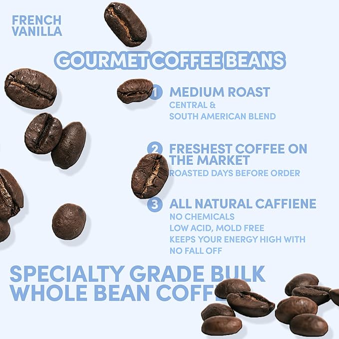 Sarasota Coffee Whole Bean French Vanilla | Medium Roast Gourmet Flavored Coffee Beans | Low Acid, Mold Free, Specialty Grade Bulk Beans | 5lb (80 oz)