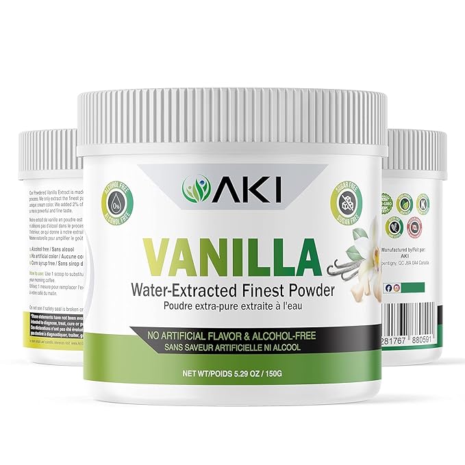 Aki Fine Vanilla Powder Extract From Beans (5.29oz/150g) - Water Extracted Powder Ideal For Baking, Cooking Flavoring - Delicious Vanilla Flavor & Easy to Add in Smoothies & Coffee, Non-GMO & Alcohol-Free