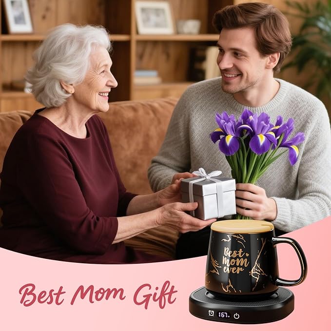 Coffee Mug Warmer & Best MOM Ever Mug Set, Electric Coffee Cup Warmer for Desk 8H Auto Shut Off, Tea Beverage Coffee Warmer with 4 Temperature Setting, Women Mother Birthday Mom Gift from Daughter Son