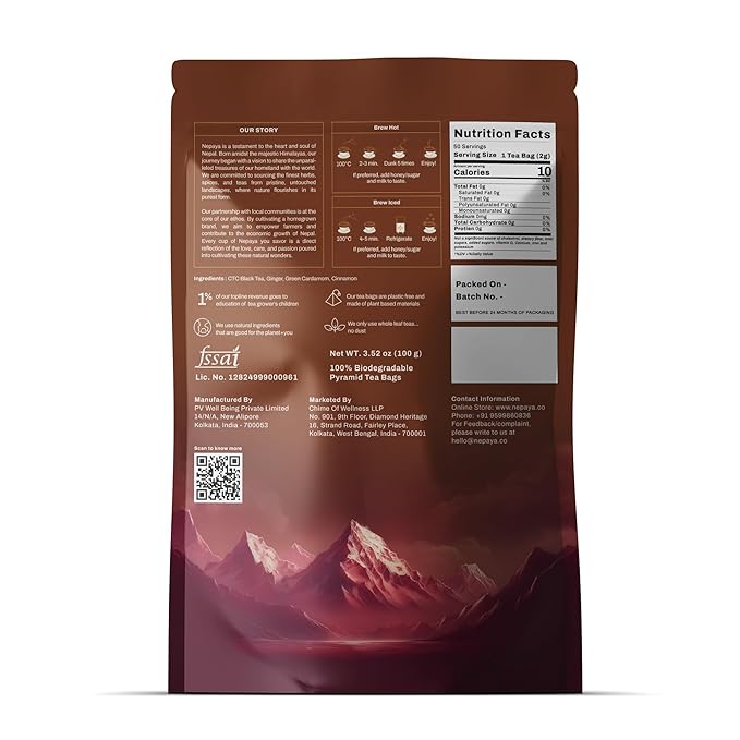 Nepaya Masala Chai – 50 Pyramid Black Tea Bags, Spiced with Ginger, Cardamom & Cinnamon, Biodegradable, High Caffeine, Himalayan Whole-Leaf