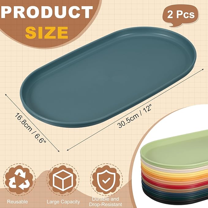 uxcell 2Pcs Fast Food Serving Trays, 12x6.6 Oval Reusable Restaurant Serving Trays for Kitchen Restaurant Coffee Fruit Burger Lunch Dessert, Dark Blue