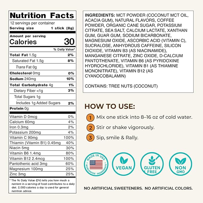 Rally Reset Instant Coffee Packets – Salted Caramel Latte Mix with MCT Oil, Caffeine, Vitamin B12 & Vitamin C – Functional Single-Serve Coffee Sticks, Low Sugar | 12 Sticks