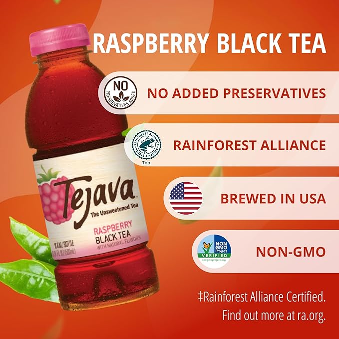 Tejava Raspberry Black Tea, 6 Pack 16.9 oz PET, Unsweetened, Ready-to-Drink Premium Iced Tea