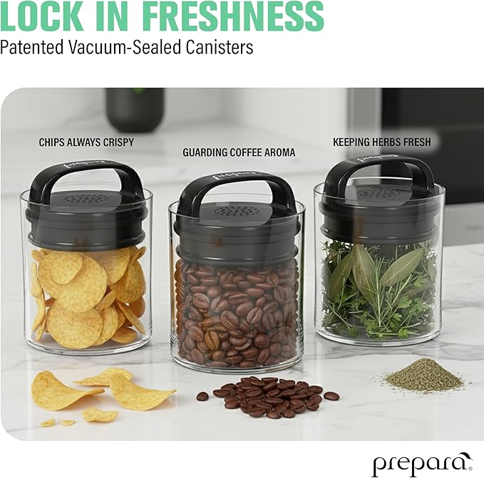 Prepara Evak Fresh Saver Short Vacuum Seal Canisters, Small - Grip Handle Lid, BPA Free Twin-Valve Airtight Jar for Coffee, Tea, Snacks - Pantry Organizer & Compact Kitchen Storage (2-Pack)