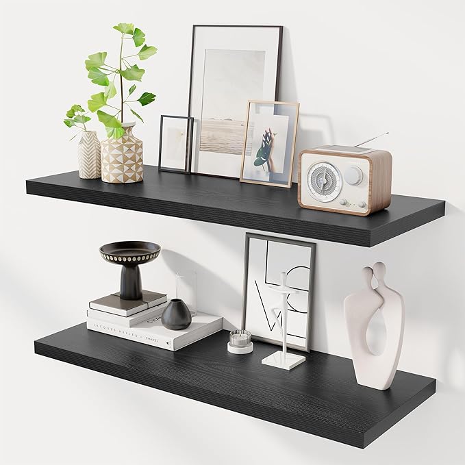 Dreamland 36" Floating Shelves for Wall, 12" Deep Slim Black Floating Shelves, Wall-Mounted Shelves for Bedroom, Living Room, Kitchen, Bathroom - Set of 2
