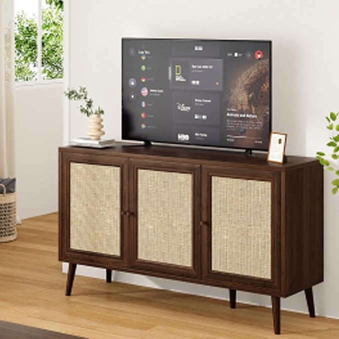 47.2" Buffet Cabinet with Storage Accent Sideboard, Modern Kitchen Cabinet with Rattan Doors, Wood Coffee Bar Table Console for Kitchen Living Room Entryway, Walnut