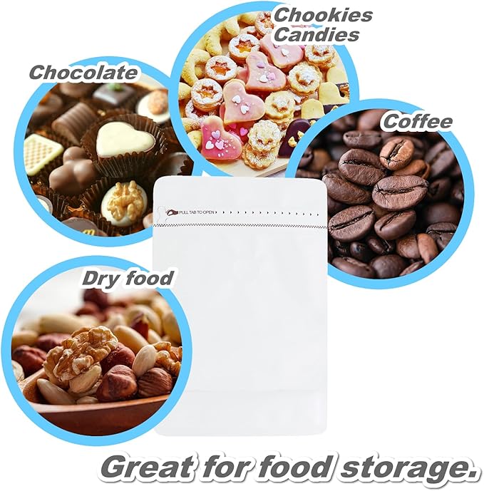 150 Pack High Barrier Stand-Up Coffee Bean Bags with Vented Valve, Matte Metallic, Heat-Sealable and Resealable Solid Color Pouches for Food Storage (6 * 12.8 inch,2 lb,32 oz,White)