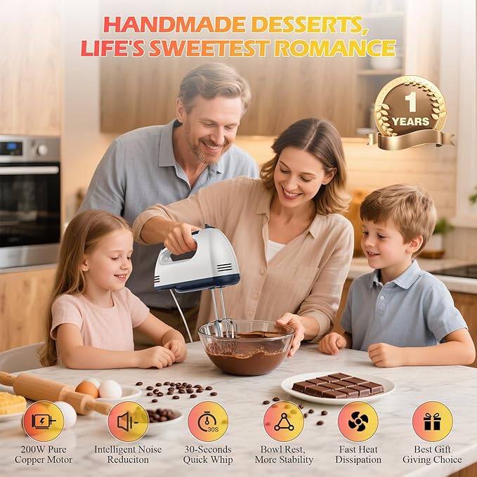 WADODO 200W Electric Hand Mixer – 7-Speed Kitchen Mixer Small Food Mixer with 304 Stainless Steel Beaters, Dough Hooks & Whisk for Baking Cakes, Cookies & Cream