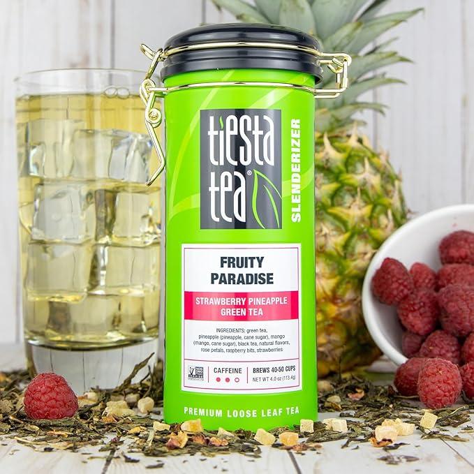 Tiesta Tea - Fruity Paradise, Loose Leaf, Strawberry Pineapple Green Tea, Premium Blend, Medium Caffeinated Green, Make Hot or Iced, Up to 250 Cups, 16oz Bulk Pouch & 4oz Refillable Tin Combo
