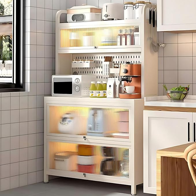 Bakers Rack with Wheels, 5-Tier Coffee Bar with Wheels, Microwave Stand with Storage, Kitchen Shelves for Kitchen Pantry, Storage Room, White