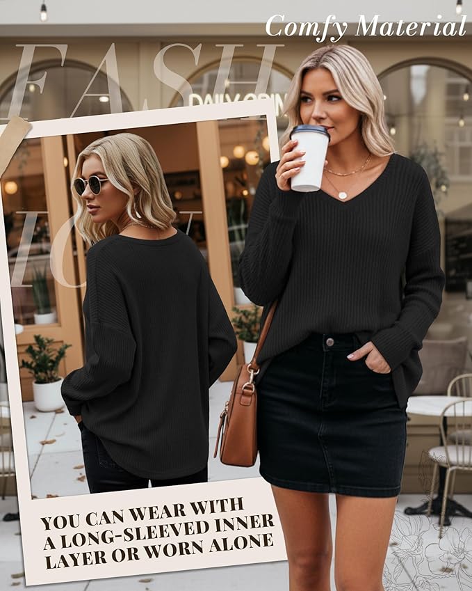 Women's V Neck Sweater Long Sleeve Knit Oversized Shirt Loose Lightweight Fall Casual Pullover Sweater Top