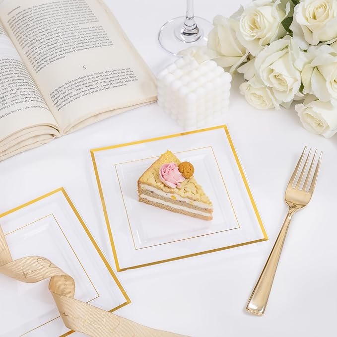 bUCLA 100PCS Clear Gold Plastic Square Plates - 6 Inch Clear Disposable Dessert/Cake Plates with Gold Trim - Ideal for Weddings,Birthday&Party