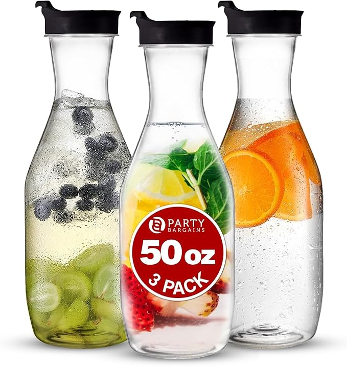 Party Bargains 50 oz. Plastic Carafe with Lids - Clear, 3 Count, Black Flip Tab Lid Premium Quality & Heavy Duty Plastic Pitcher for Iced Tea, Powdered Juice, Cold Beverages, Mimosa Bar