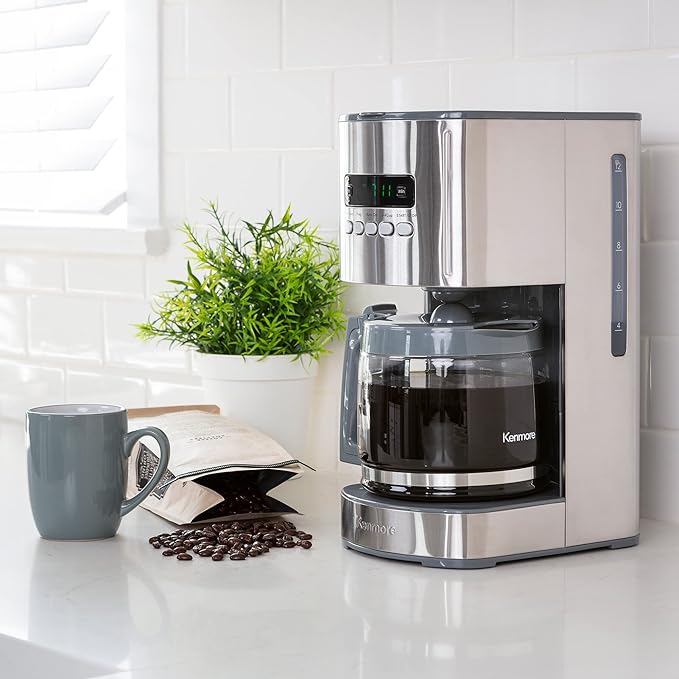 Kenmore Drip Coffee Maker - Programmable Cafe Machine With Glass Pot, Regular & Bold Brew, Auto Shut Off Large Water Reservoir, Reusable Filter, Kitchen Appliances For Cafeteria Barista, 12 Cup, White