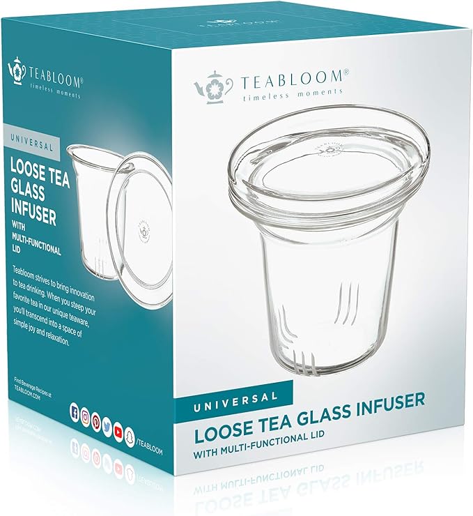 Teabloom Universal Glass Tea Infuser with Dual-Purpose Lid/Coaster – Hygienic, Non-Toxic Glass Filter for Loose Tea Leaves – Lead-Free & Cadmium-Free – Tea Purist's Choice