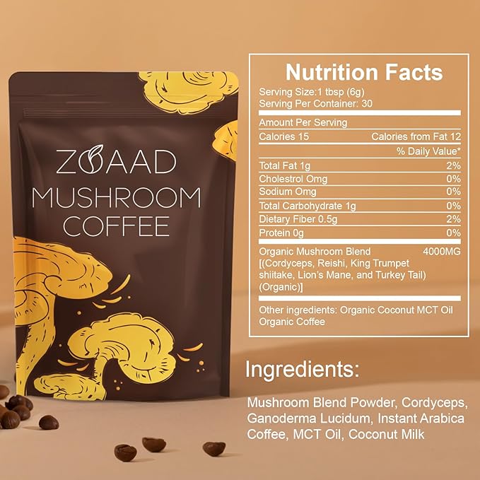 Mushroom Coffee, Organic 6 Mushrooms with Lion's Mane & Cordyceps Coffee for Sustained Energy, Mental Focus, Digestion & Immune Support, Instant Powder Coffee Low Caffeine, 6.35 Ounce 1 Pack
