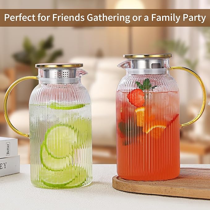 Glass Pitcher with Lid, 2Pcs Elegant Heat Resistant Cold 2 Lite Brew Pitchers for Fridge Hot Cold Water Coffee Milk Lemonade Beverage，Vertical StripesLemonade Beverage
