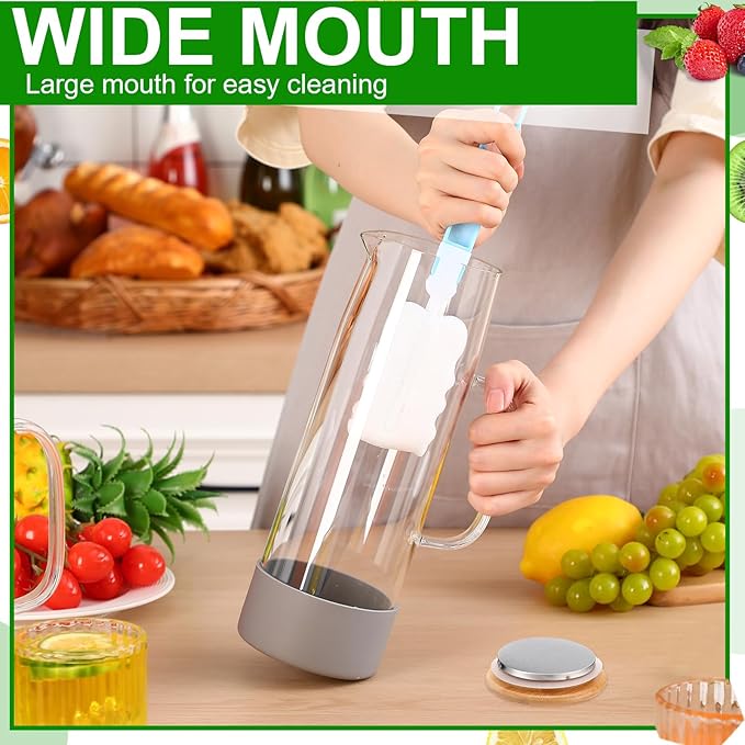 Honeydak 2 Pack 51oz/1.5 Liter Glass Pitcher with Lid, Water Pitcher with Silicone Base, Spout and Handle Large Ice Tea Carafe for Fridge, Anti-slip Glass Jug for Drinks