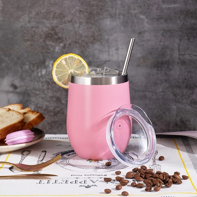 12 oz Insulated Wine Tumbler with Lid and Straw,Stainless Steel Stemless Wine Tumbler Glasses Double Wall Vacuum Wine Cups Tumbler Bulk for Coffee,Champaign,Cocktail,Office(Pink,8)