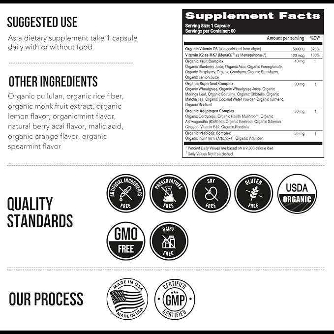 Organic Plant D3 + K2 | 5000 iu D3 + 120 mcg K2 as All-Trans MK7 from MenaQ7® - 100% Whole Food, Raw & Vegan | Enhanced Digestion with Prebiotic & Superfood Complex – D3 from Organic Algae - 2-pack
