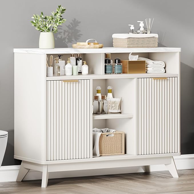 Fluted Storage Cabinet, 39" Sideboard Buffet with Storage, Mid Century Modern Accent Cabinet with Doors and Shelves, Multifunctional Console Table Coffee Bar for Living Room and Kitchen, White