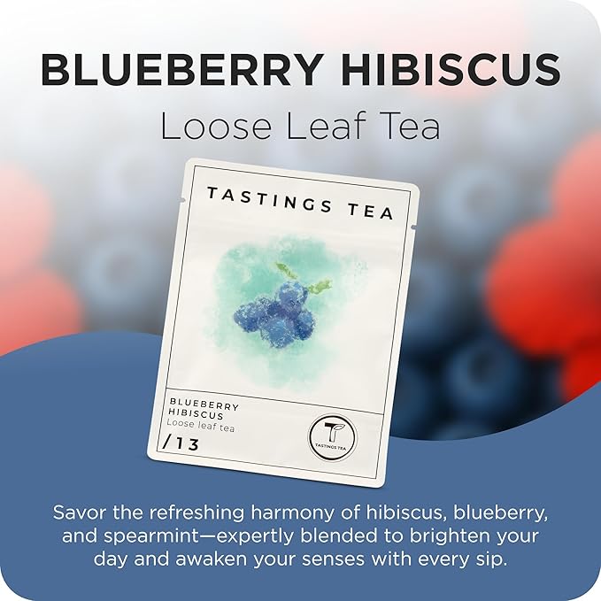 Tastings Tea Blueberry Hibiscus Loose Leaf Pouch 2.75 oz | Chinese Green Tea & Licorice Root with Elderberry, Spearmint & Natural Flavors | Light Caffeine | Tart & Fruity | Sustainably Sourced