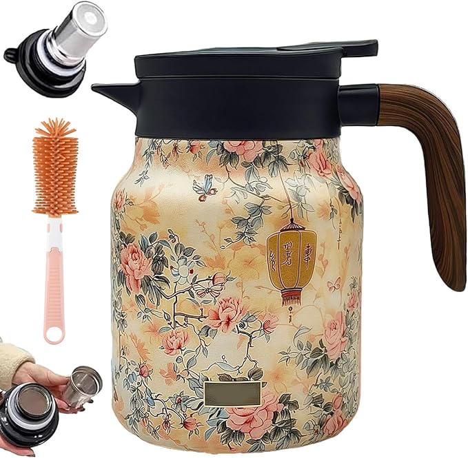 Vintage Floral Pattern Teapot – Built-In Infuser, 800ML/1000ML Heatproof Stainless Steel Teapot with Lid for Hot Drinks (Pink, 1000ml-Wooden handle)