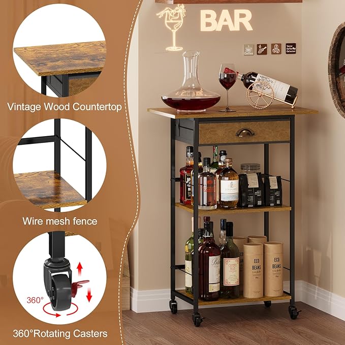 3 Tier-Coffee Bar Stand Station Cart with Storage Drawer, Extended Worktop Coffee Table, Farmhouse Corner Bar Cabinet for Small Spaces, Barkers Rack Home Bar for Entryway, Living Room