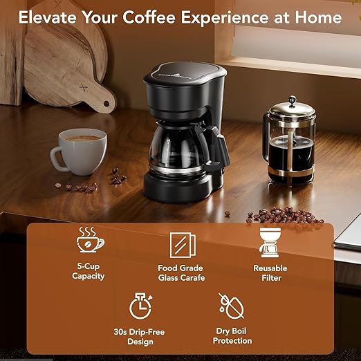 Pro 5-Cup Coffee Maker–Energy-Efficient Drip Coffee Machine Brewer with Quick Pause N Serve,Stainless Steel Filter & Extended Keep-Warm–Compact for Office & Small Kitchen