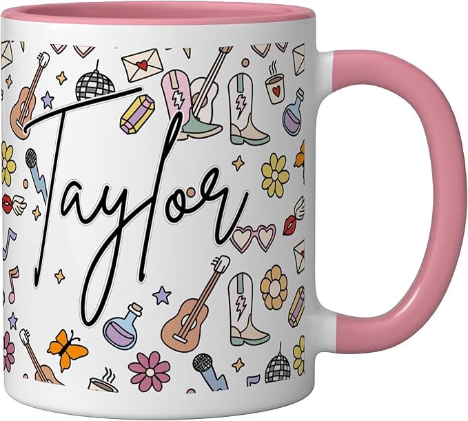 Girl Retro Taylor First Name Coffee Mug for Men Women Ceramic Mug, Pink/White