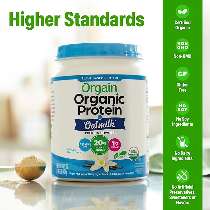 Orgain Organic Vegan Protein Powder + Oat Milk, Vanilla Bean - 20g Plant Based Protein, Gluten Free, No Dairy, Soy or Lactose Ingredients, Low Sugar, Non-GMO, Kosher, For Shakes & Smoothies - 1.05lb