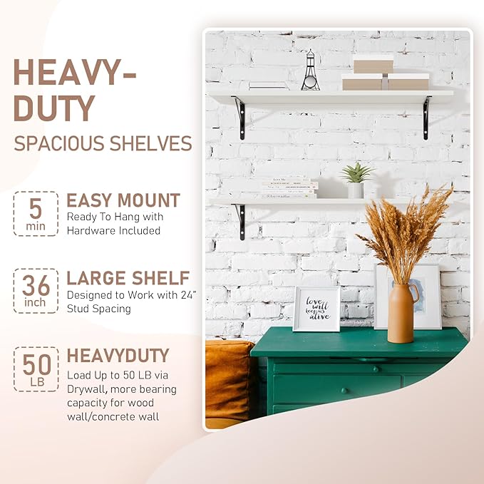 Kaboon 36 inch Long 10 inch Deep Floating Shelves for Wall Set of 2, Large Open Shelves Wall Mounted, Space Saving Home and Commercial Use,Sea Salt/Greyish White