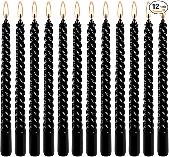 10 Inch Black Spiral Taper Candle Set, 12 Pack Unscented Dripless Candlesticks for Halloween,Dinner,Party Brithday Wedding and Home Decoration