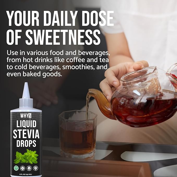 WHYZ Liquid Stevia Drops 8oz, Natural Liquid Stevia Extract, Pure Sweetener, Plant-Based Sweetener For Coffee Syrup, Zero Calorie, Non-GMO, Gluten-free, 1,823 Servings