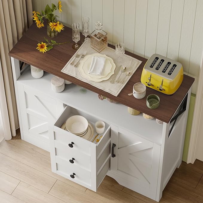 YGEOMER Buffet Cabinet Sideboard Farmhouse Coffee Bar with 3 Drawers and 2 Doors, Wood Kitchen Table Wine Bar Storage Cabinet for Dining Room