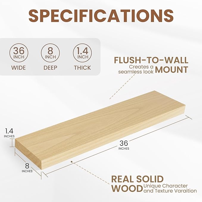 Fun Memories Rustic Real Wood Floating Shelves, 8 Inch Deep Floating Shelf Wall Mounted, 36" W x 8" D Wall Shelves Storage Shelves for Living Room, Bedroom, Bathroom, Burlywood, Set of 2