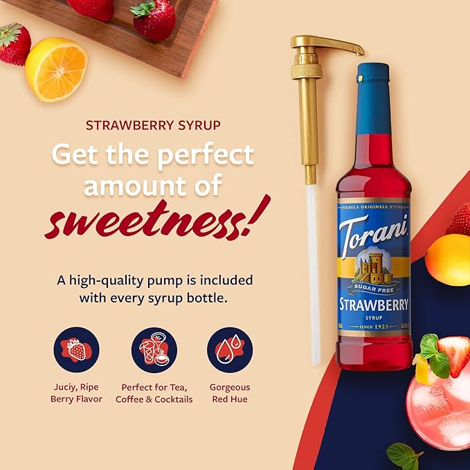 Torani Sugar Free Syrup, Strawberry, Zero-Calorie Flavoring for Drinks, Pump Included, 25.4 Oz
