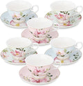 fanquare 5-Ounce Floral Tea Cups and Saucers Set of 6, Assorted Pastel Flowers Porcelain Coffee Cup with Gold Trim, Dishwasher & Freezer Safe