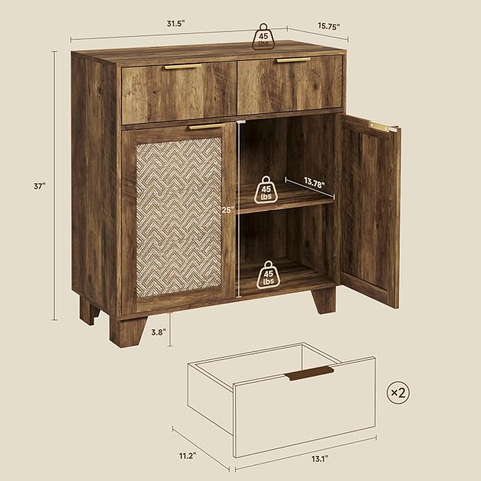ONBRILL Sideboard Buffet Cabinet with 2 Drawers, Coffee Bar Cabinets with 2 Doors, Boho Farmhouse Accent Credenza Buffet Table Console Cabinet with Adjustable Shelves for Living Room, Entryway, Brown