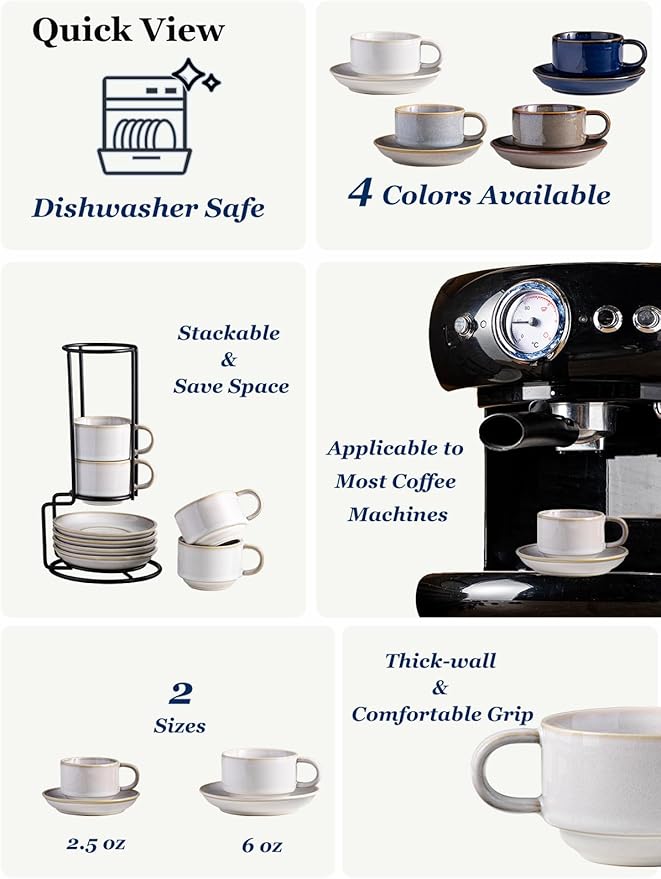 Gomakren 2.5 Ounce Espresso Cups Set of 4, Small Stackable Coffee Cups with Saucers and Metal Stand, Christmas Porcelain Demitasse Cups for Specialty Coffee Drinks, Espresso, Cappuccino, Latte, White