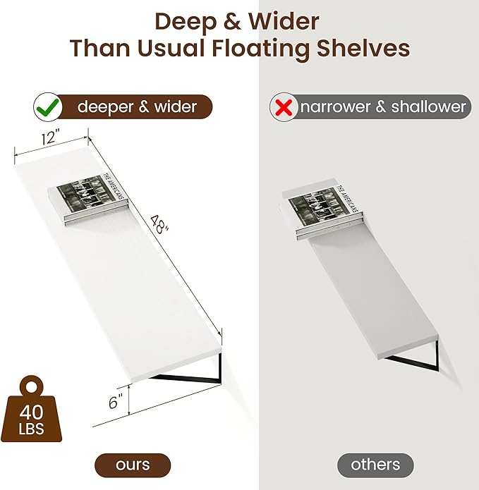Axeman Floating Shelves for Wall White - 48 Inch Wide x 12 Inch Deep Wall Shelves Set of 2 - White Deep Wood Floating Shelves for Living Room Bedroom Laundry Room
