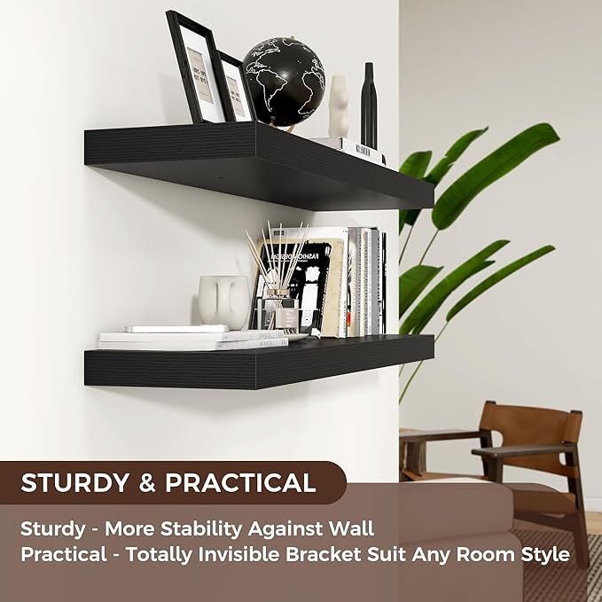 Floating Shelves for Wall, Engineered Wood Wall Shelves with Invisible Brackets for Living Room Bedroom Bathroom Office Kitchen Decor and Storage (Black, 36" W x 9" D x 1.5" H) Set of 2