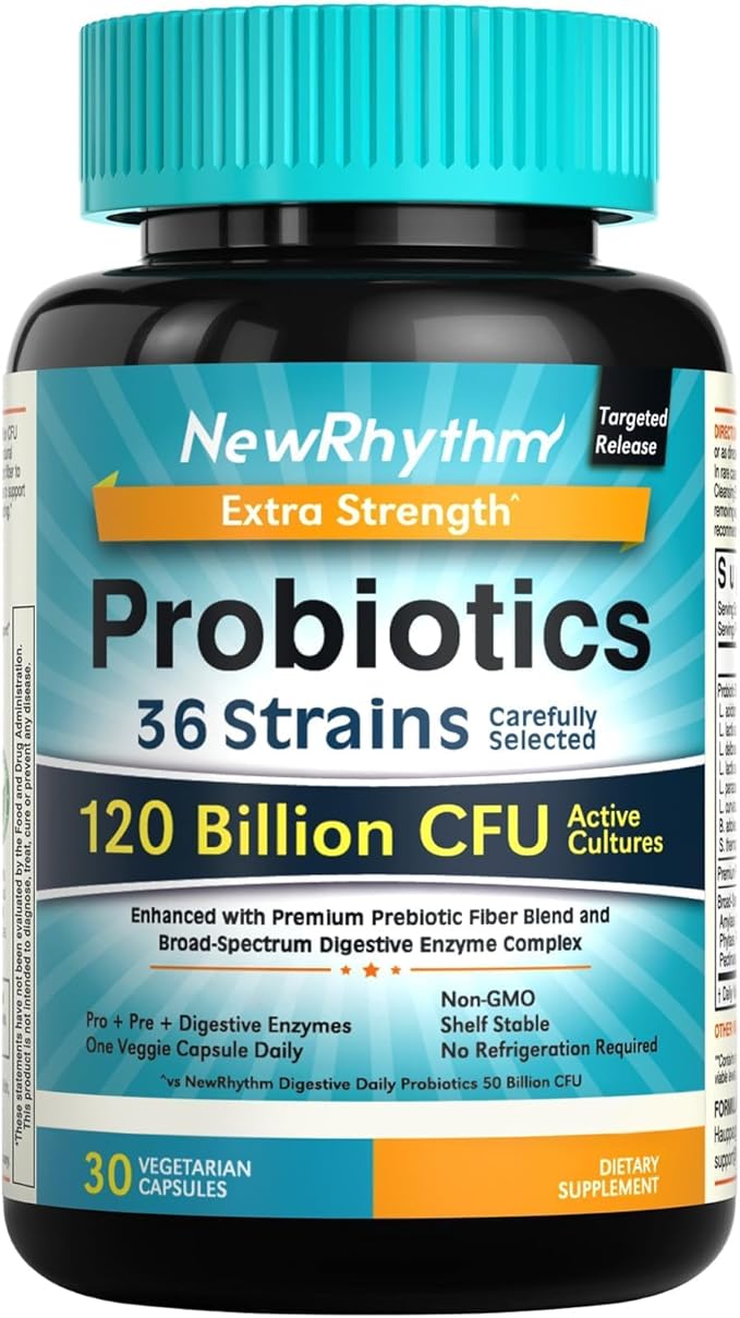 NewRhythm Probiotics 120 Billion CFU 36 Strains, 3-in-1 Probiotics with Prebiotics & Enzymes, Probioticos for Women & Men, Vegan Targeted Release Supplement, 30ct