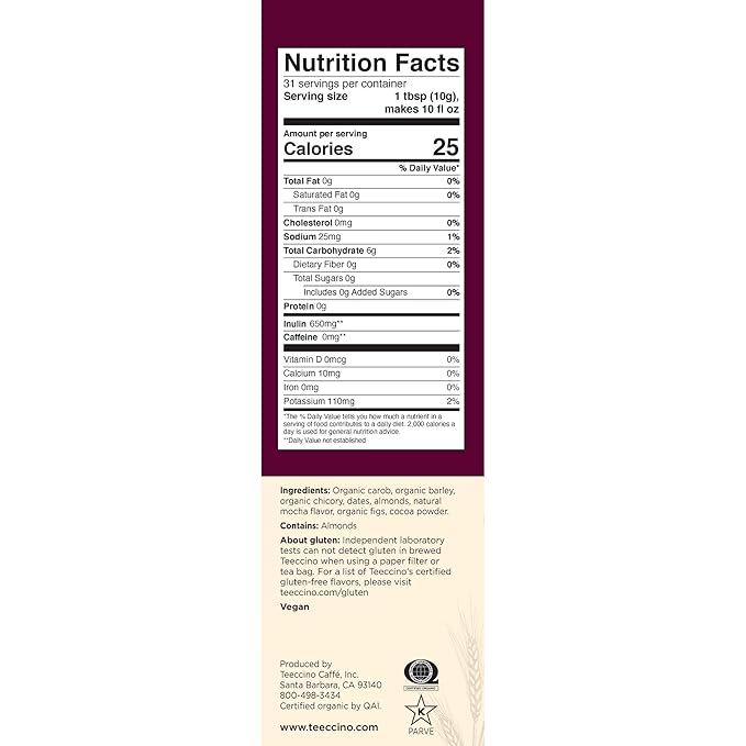 Teeccino Mocha Chicory Coffee Alternative - 11 Ounce - Ground Herbal Coffee That’s Prebiotic, Caffeine-Free & Acid Free, Medium Roast, (Pack of 3)