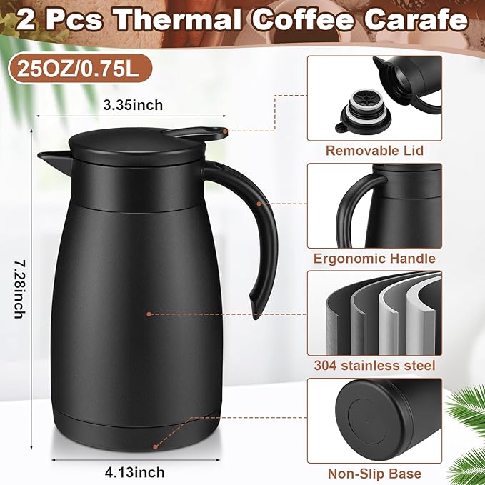 Uiifan 2 Pcs 25 Oz Thermal Coffee Carafe Stainless Steel Insulated Vacuum Coffee Carafes Double Walled Vacuum Thermal Pot Flask with Brushes for Keeping Cold Hot Tea Water Milk Home Office (Black)