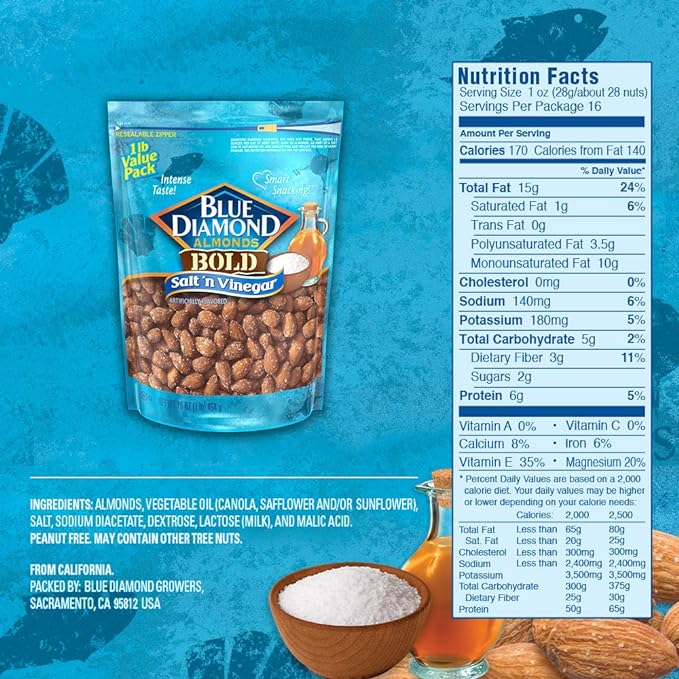 Blue Diamond Almonds Salt N' Vinegar Flavored Snack Nuts, 16 Oz Resealable Bag (Pack of 1)